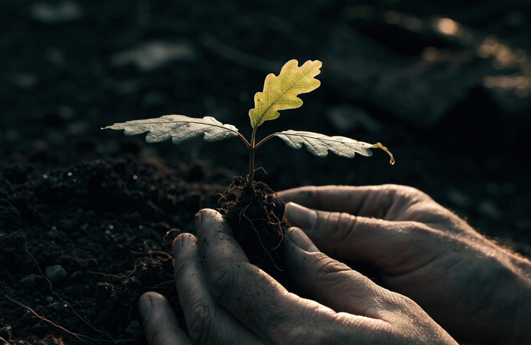 A young oak sapling held in two soil-marked hands